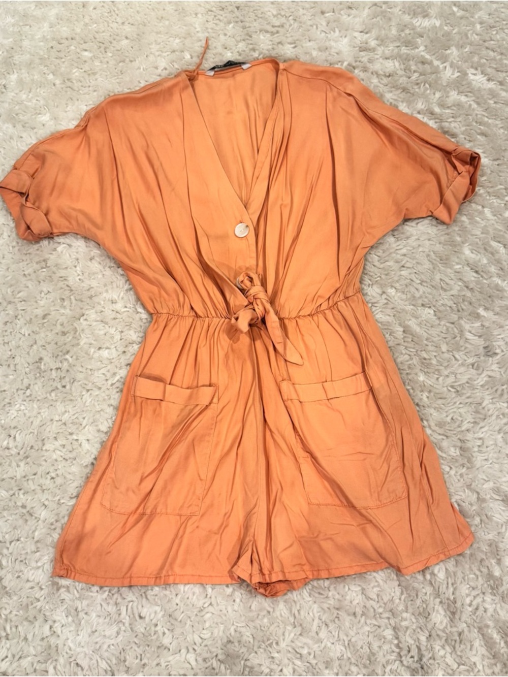 Zara Coral-Orange Short Romper with Tie Waist